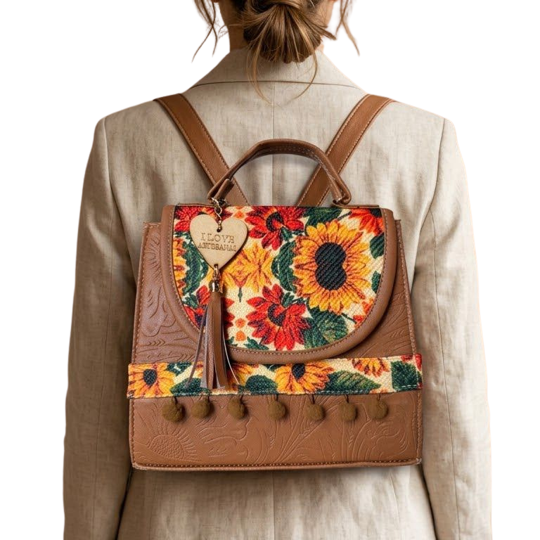 Bolsa Artesanal Café Girasoles | Bolso 3 en 1 Mochila y Crossbody