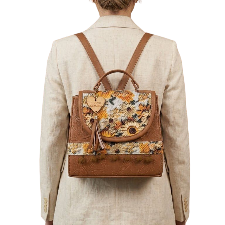 Bolsa Artesanal Camel Geométrico Floral | Bolso 3 en 1 Mochila y Crossbody