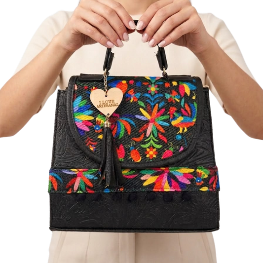 Mochila y Bolso Artesanal de Mano 3 en 1 – Bordado Mexicano Multicolor