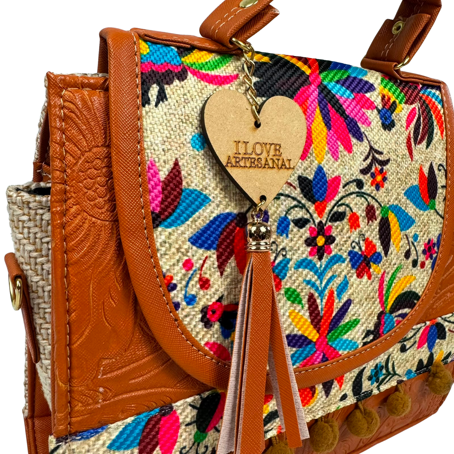Mochila y Bolso Artesanal Café de Mano 3 en 1 – Bordado Floral Multicolor