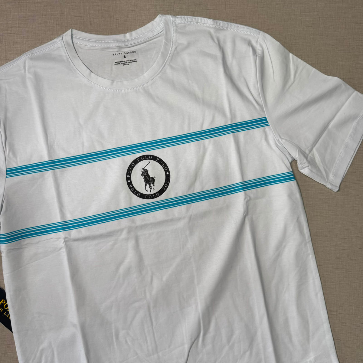 Playera Casual Cuello Redondo Blanca Franjas Turquesa - Talla S | Ropa de Caballero