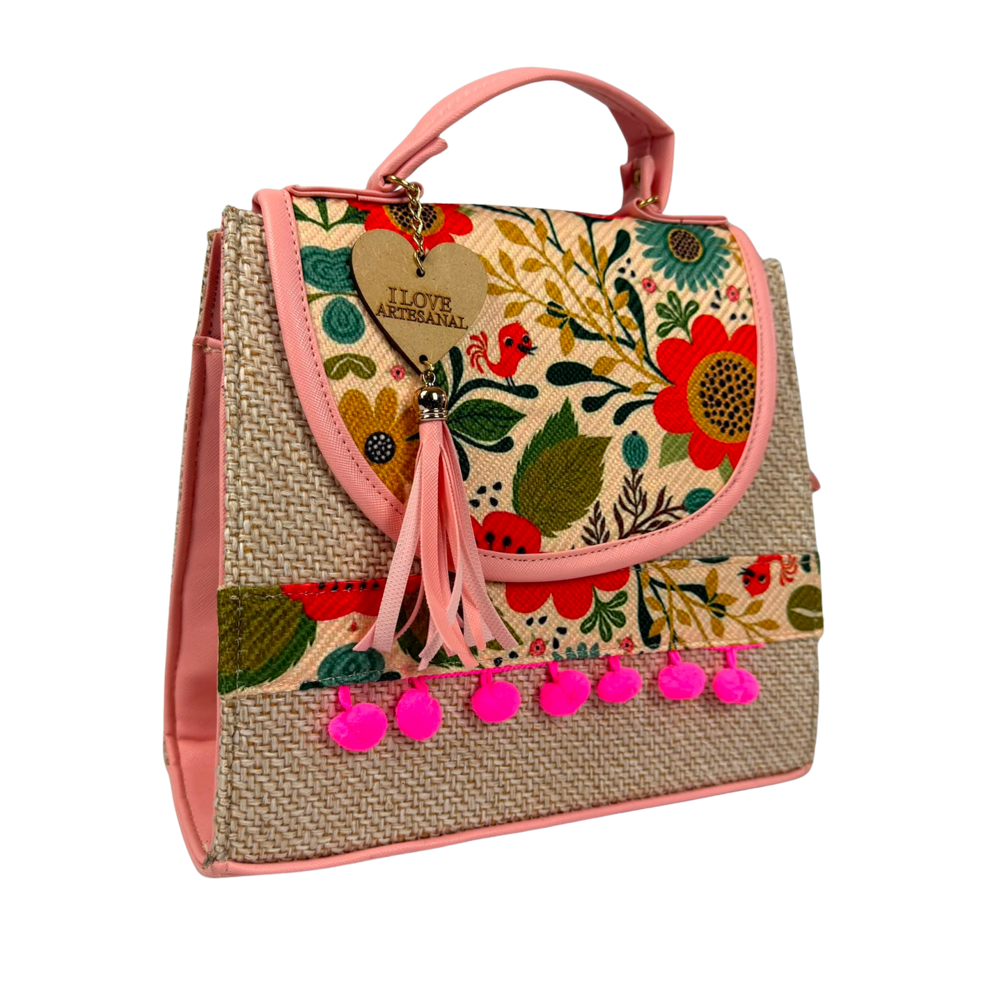 Bolsa Artesanal Convertible 3 en 1 Floral Rosa | Mochila, Crossbody y Bolsa de Mano para Mujer