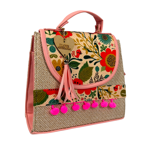 Bolsa Artesanal Convertible 3 en 1 Floral Rosa | Mochila, Crossbody y Bolsa de Mano para Mujer