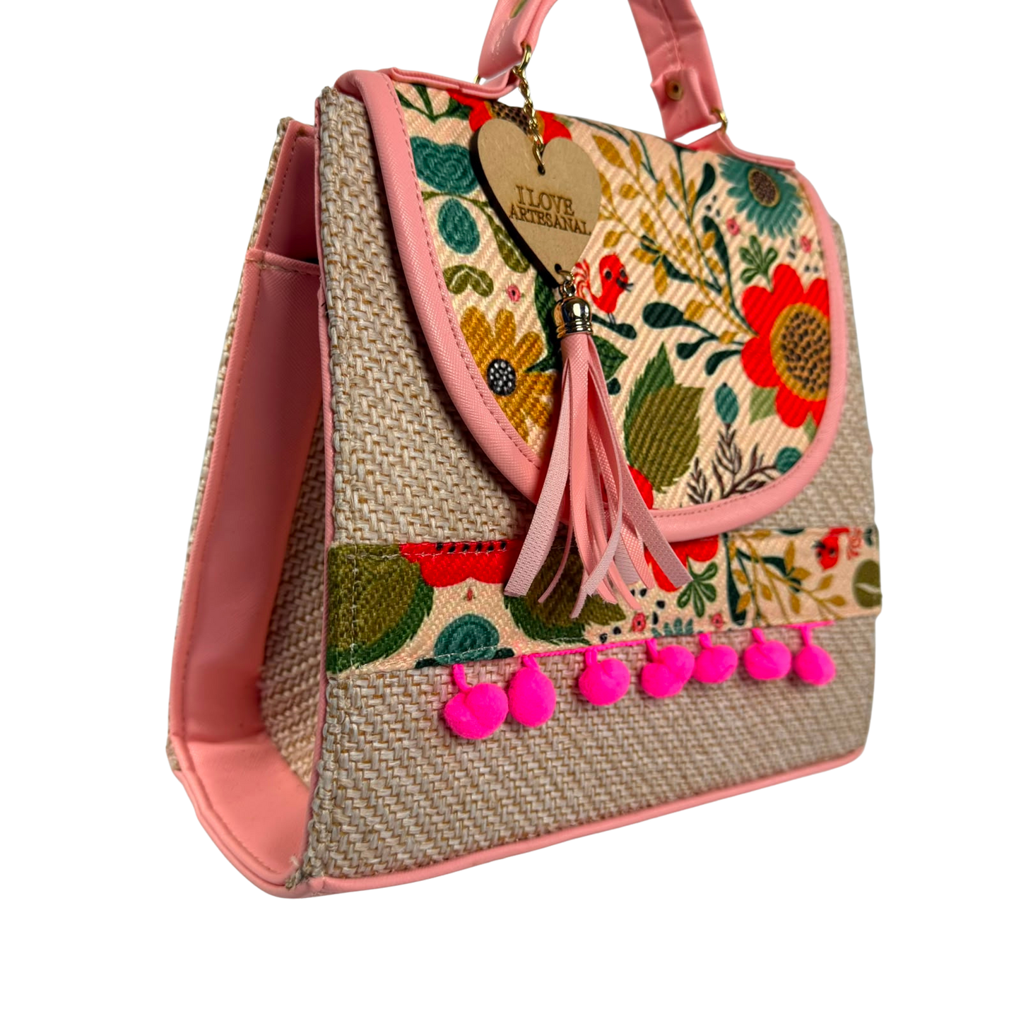 Bolsa Artesanal Convertible 3 en 1 Floral Rosa | Mochila, Crossbody y Bolsa de Mano para Mujer