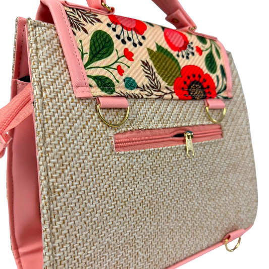 Bolsa Artesanal Convertible 3 en 1 Floral Rosa | Mochila, Crossbody y Bolsa de Mano para Mujer