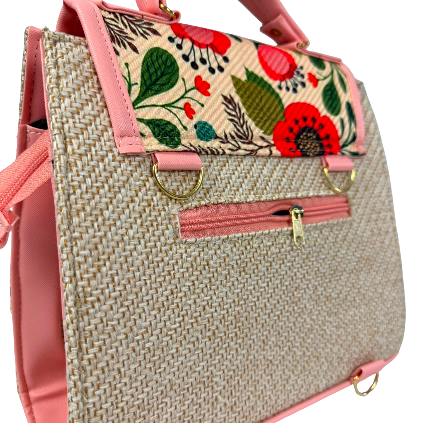 Bolsa Artesanal Convertible 3 en 1 Floral Rosa | Mochila, Crossbody y Bolsa de Mano para Mujer