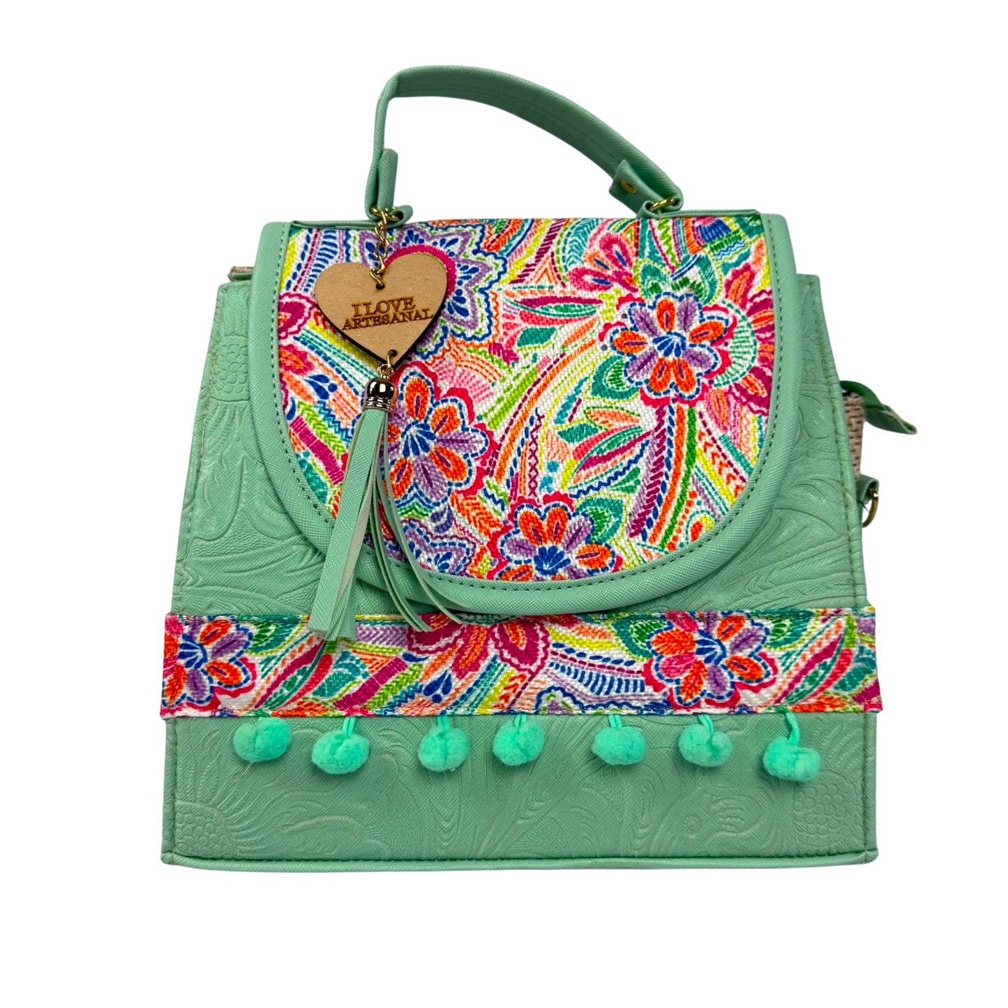 Mochila y Bolso de Mano Artesanal Verde Menta con Bordado Floral Mexicano