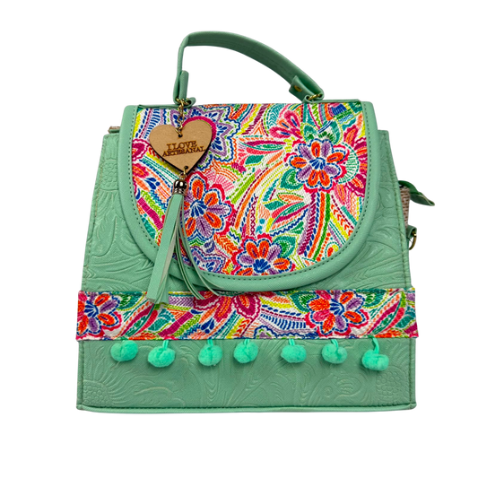 Mochila y Bolso de Mano Artesanal Verde Menta con Bordado Floral Mexicano