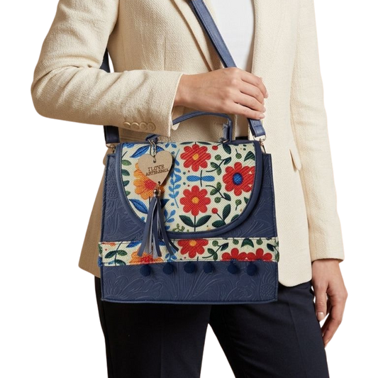 Bolsa Artesanal Azul Marino Bordado Floral | Bolso 3 en 1 Mochila y Crossbody