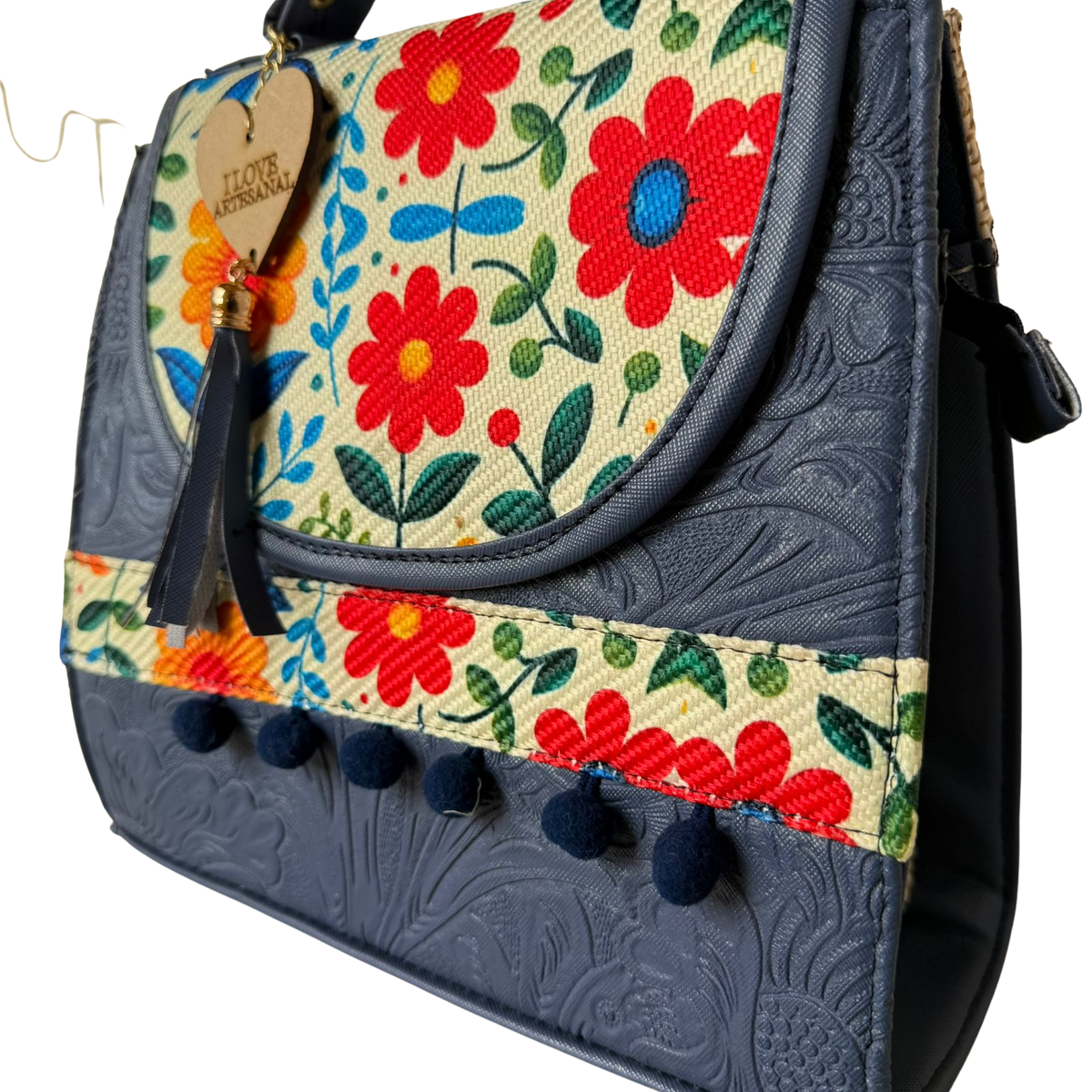 Bolsa Artesanal Azul Marino Bordado Floral | Bolso 3 en 1 Mochila y Crossbody