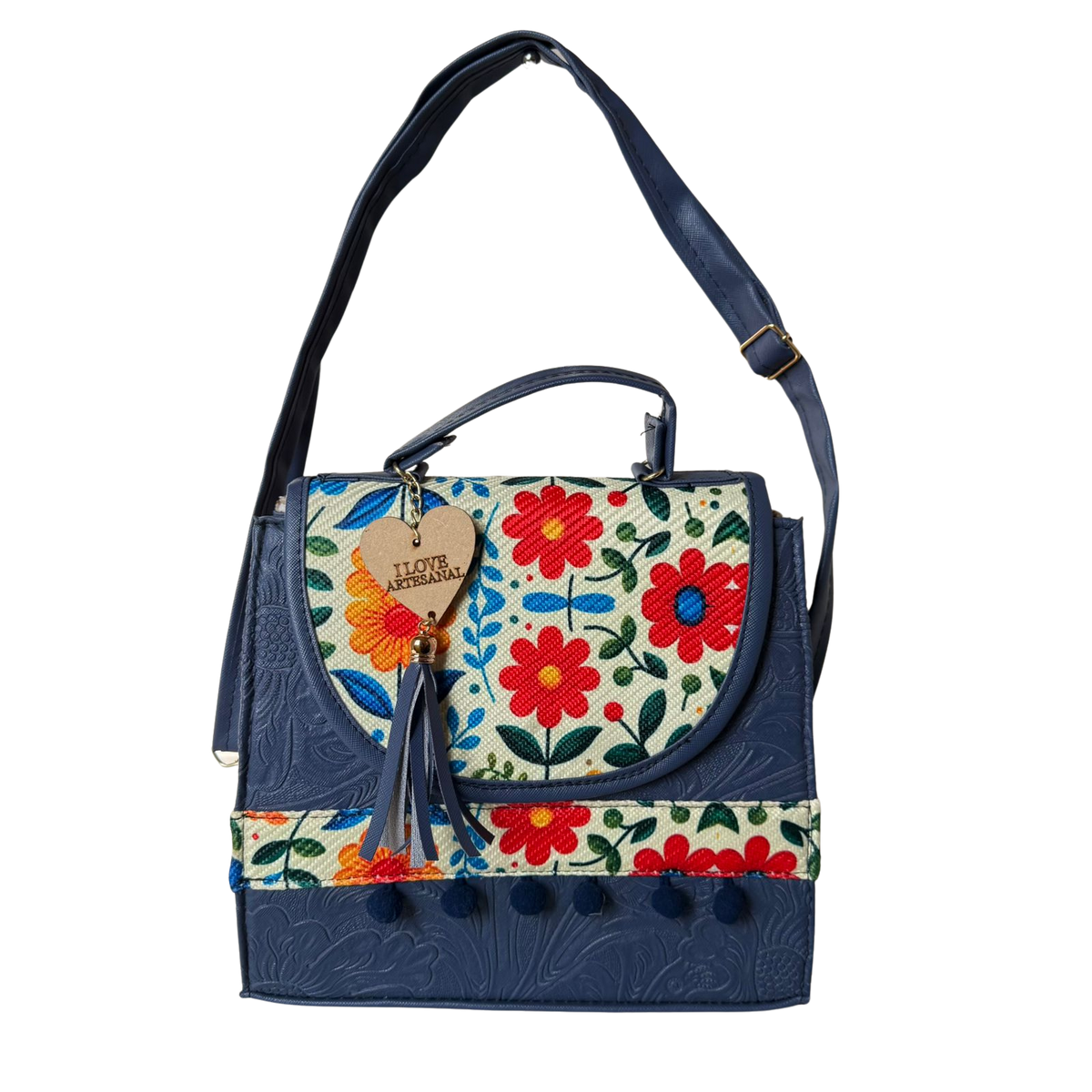 Bolsa Artesanal Azul Marino Bordado Floral | Bolso 3 en 1 Mochila y Crossbody