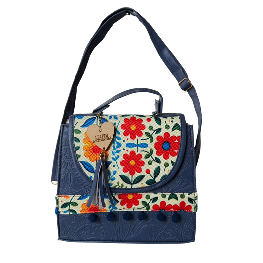 Bolsa Artesanal Azul Marino Bordado Floral | Bolso 3 en 1 Mochila y Crossbody