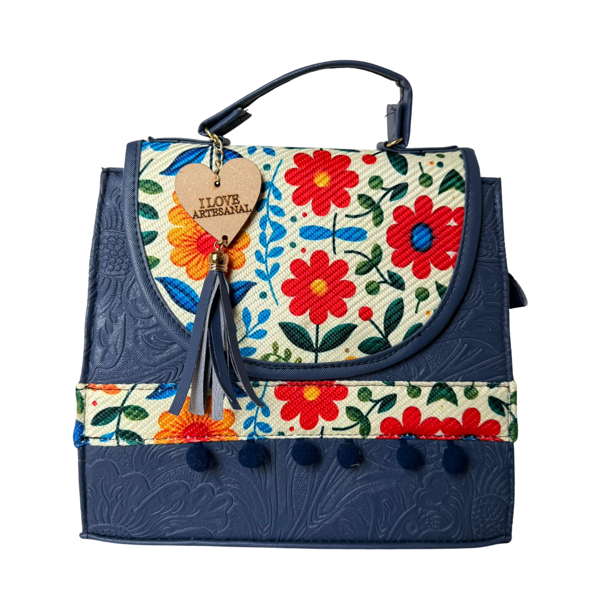 Bolsa Artesanal Azul Marino Bordado Floral | Bolso 3 en 1 Mochila y Crossbody