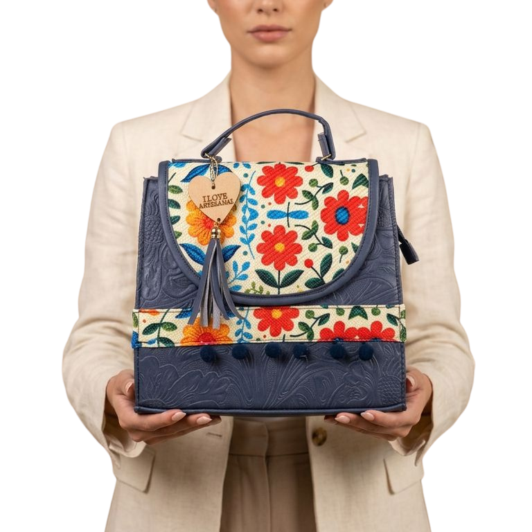 Bolsa Artesanal Azul Marino Bordado Floral | Bolso 3 en 1 Mochila y Crossbody