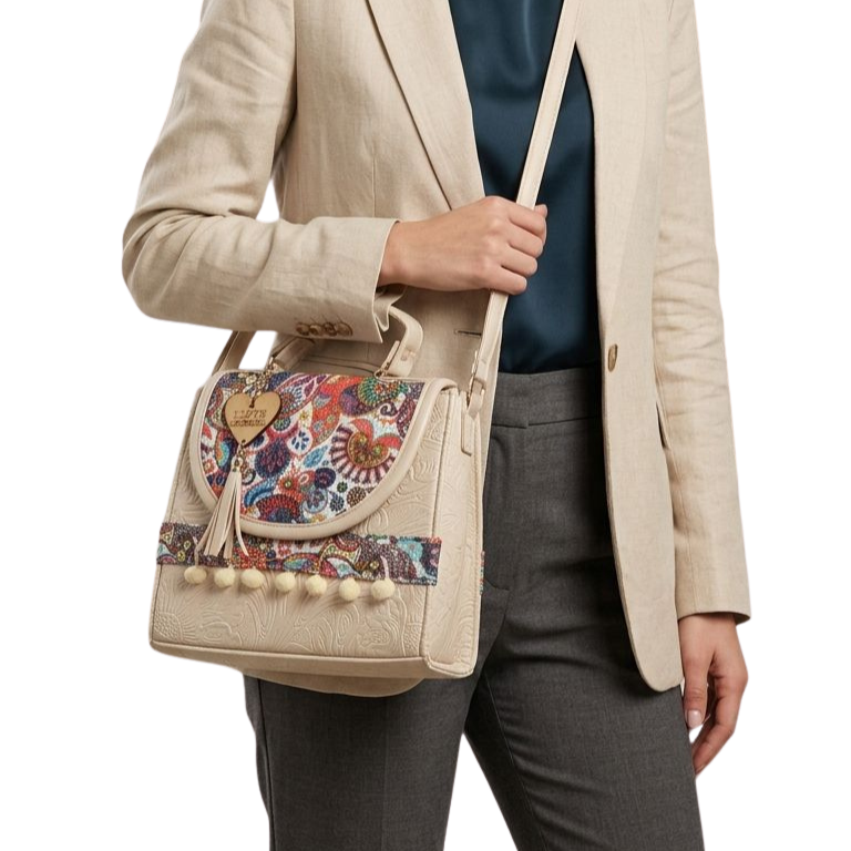 Bolsa Artesanal Beige Paisley Multicolor | Bolso 3 en 1 Mochila y Crossbody
