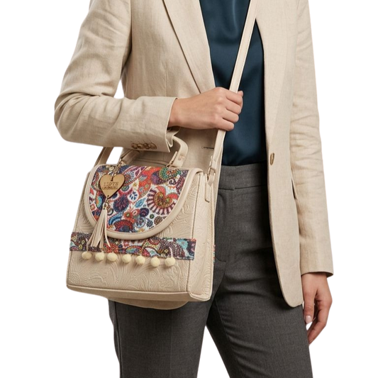 Bolsa Artesanal Beige Paisley Multicolor | Bolso 3 en 1 Mochila y Crossbody
