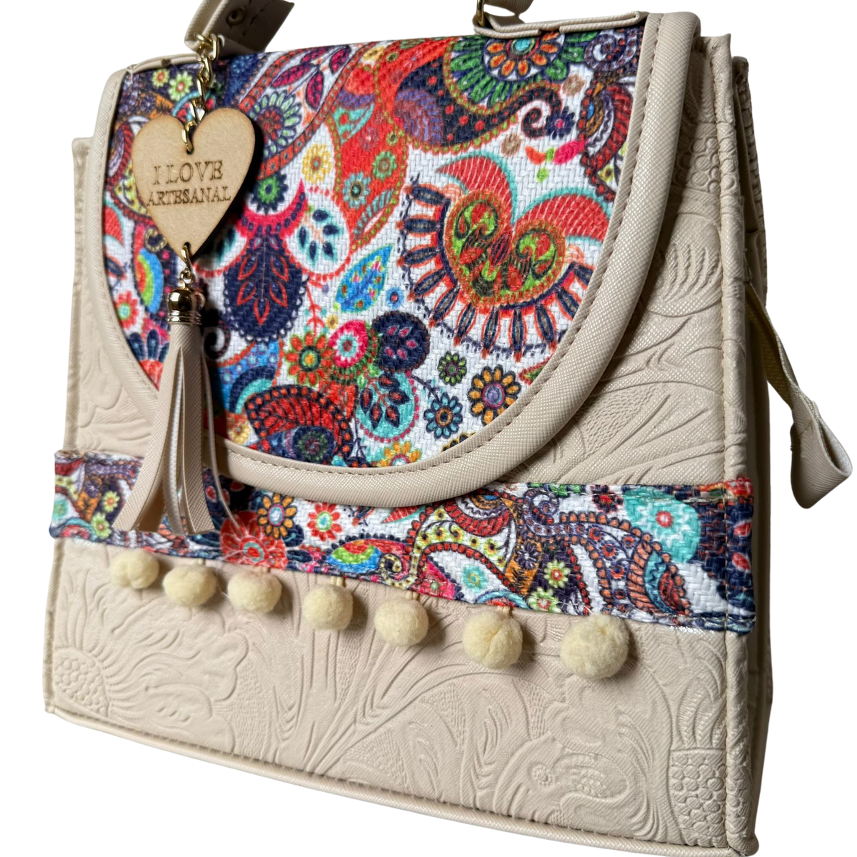 Bolsa Artesanal Beige Paisley Multicolor | Bolso 3 en 1 Mochila y Crossbody