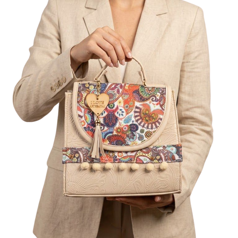 Bolsa Artesanal Beige Paisley Multicolor | Bolso 3 en 1 Mochila y Crossbody