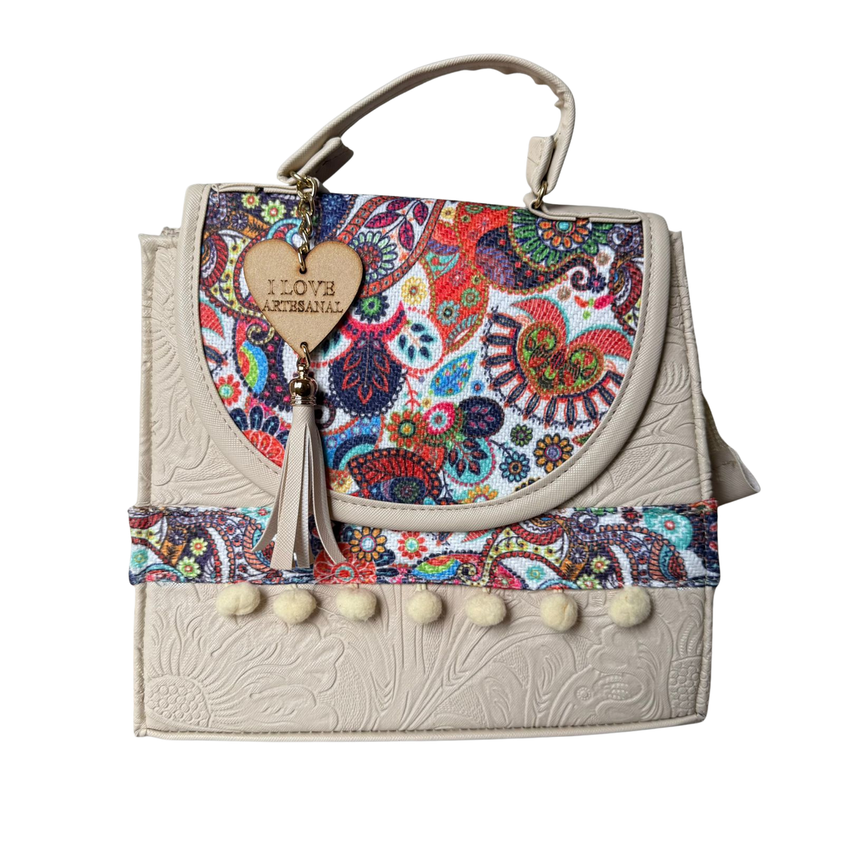 Bolsa Artesanal Beige Paisley Multicolor | Bolso 3 en 1 Mochila y Crossbody