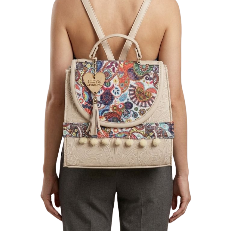 Bolsa Artesanal Beige Paisley Multicolor | Bolso 3 en 1 Mochila y Crossbody