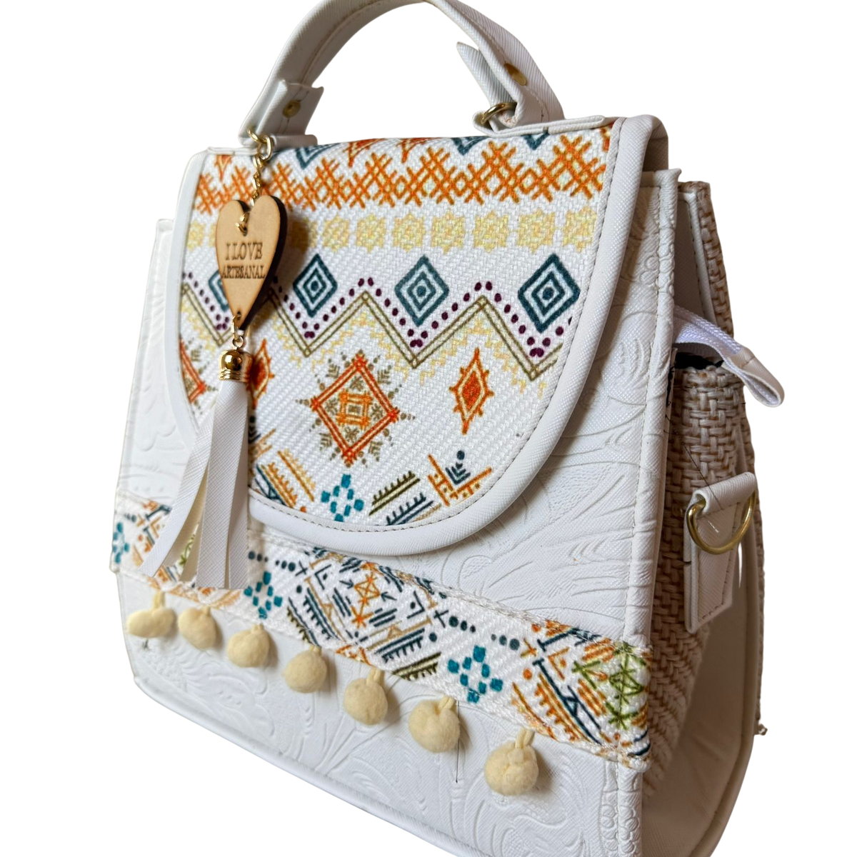 Bolsa Artesanal Blanca Bordado Étnico Multicolor | Bolso de Mano - Guatemala
