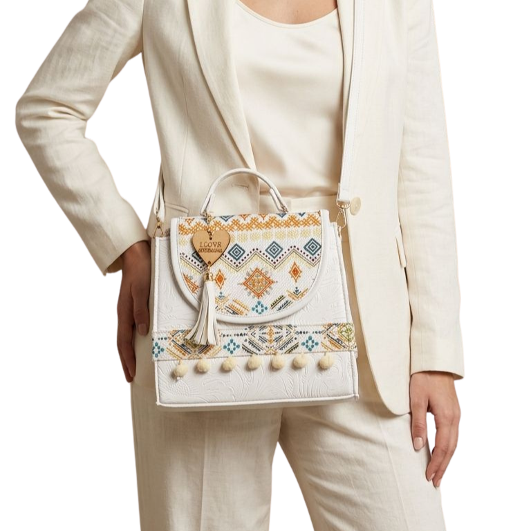 Bolsa Artesanal Blanca Bordado Étnico Multicolor | Bolso de Mano - Guatemala
