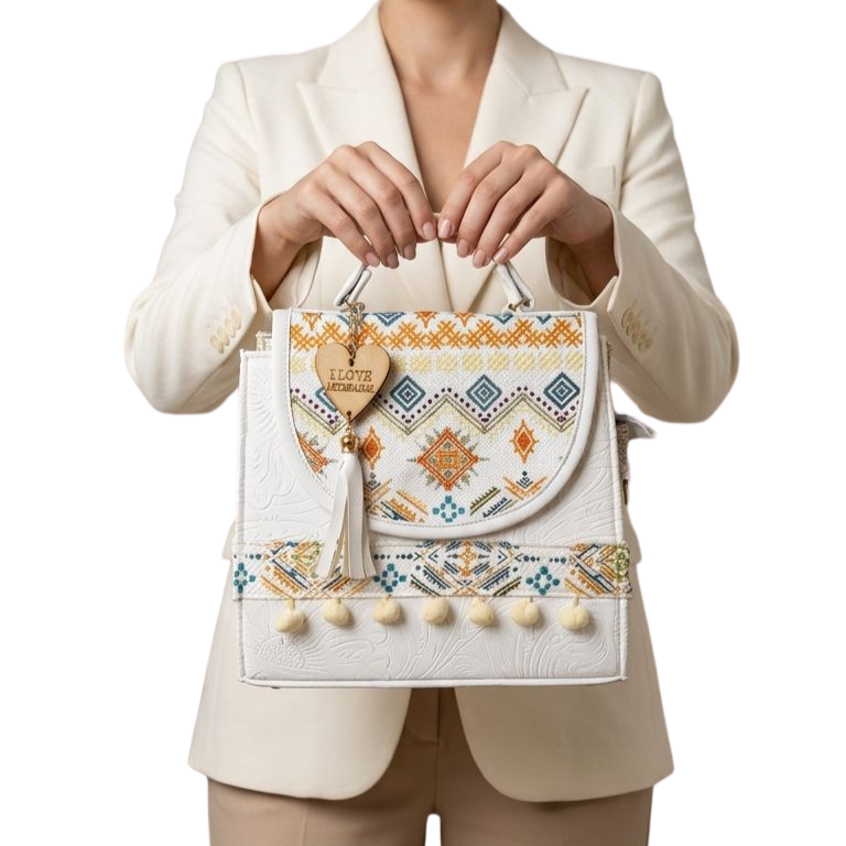 Bolsa Artesanal Blanca Bordado Étnico Multicolor | Bolso de Mano - Guatemala