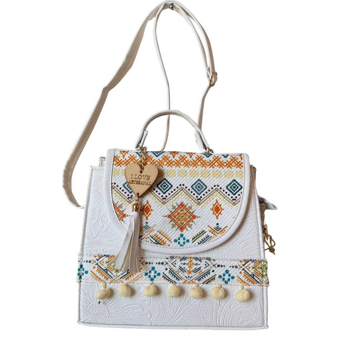 Bolsa Artesanal Blanca Bordado Étnico Multicolor | Bolso de Mano - Guatemala