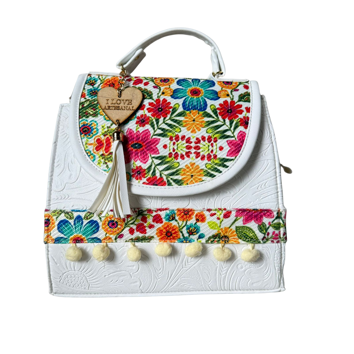 Bolsa Artesanal Blanca Bordado Floral Multicolor | Bolso 3 en 1 Mochila y Crossbody