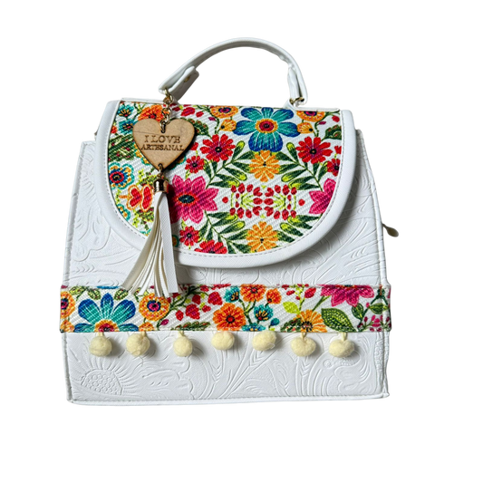Bolsa Artesanal Blanca Bordado Floral Multicolor | Bolso 3 en 1 Mochila y Crossbody