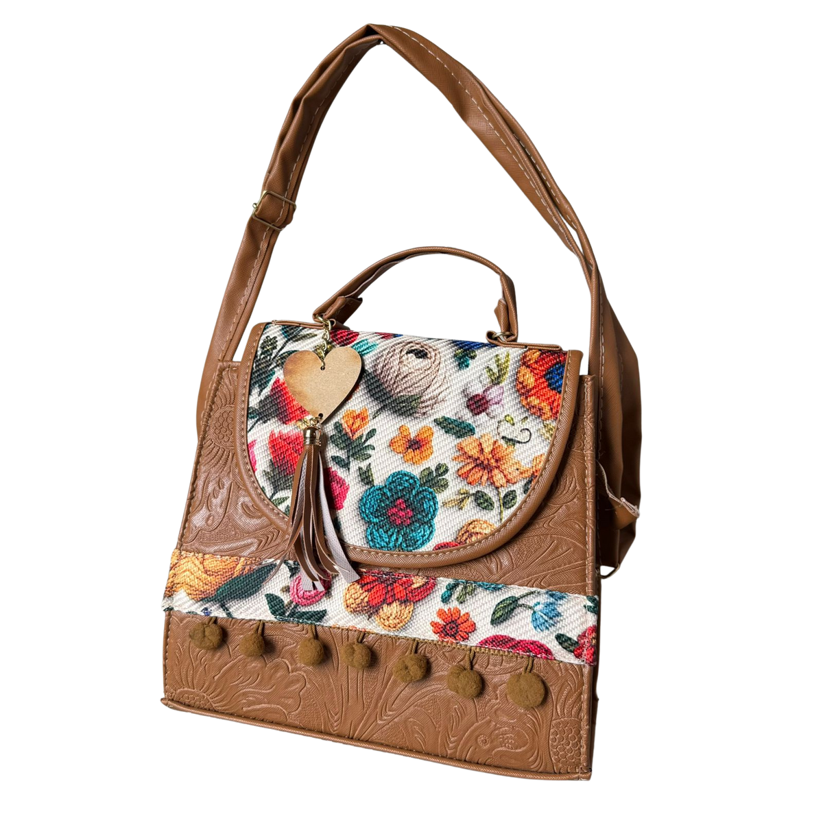 Bolsa Artesanal Café Bordado Floral | Bolso 3 en 1 Mochila y Crossbody