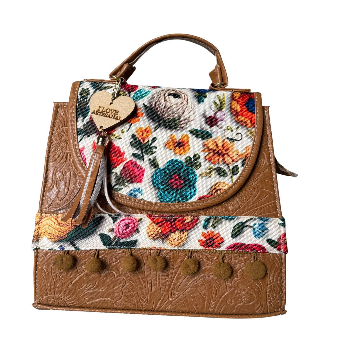 Bolsa Artesanal Café Bordado Floral | Bolso 3 en 1 Mochila y Crossbody