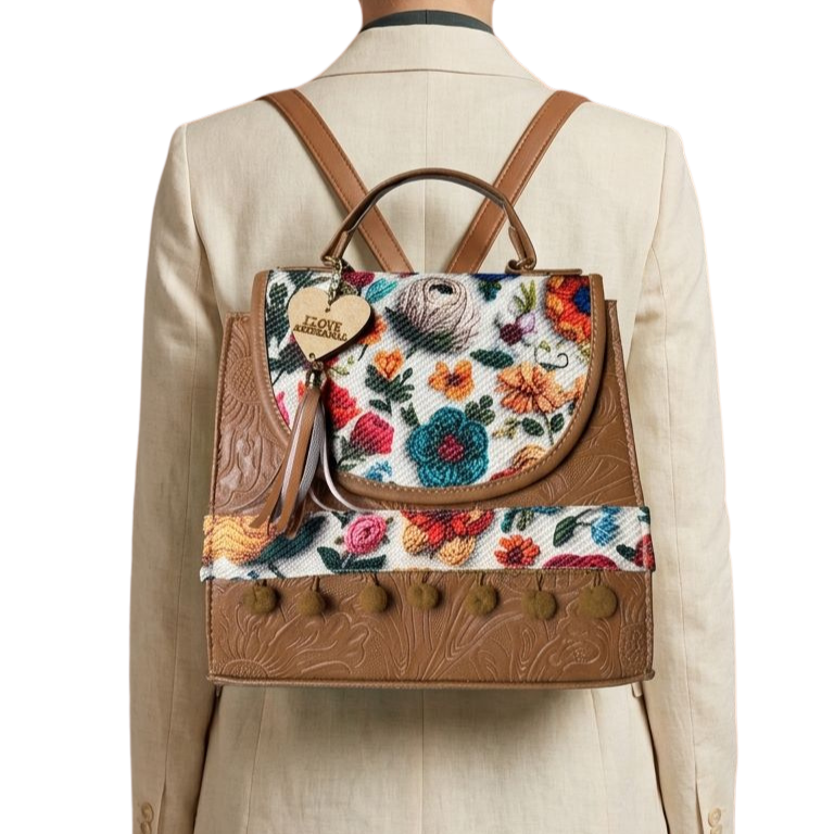 Bolsa Artesanal Café Bordado Floral | Bolso 3 en 1 Mochila y Crossbody