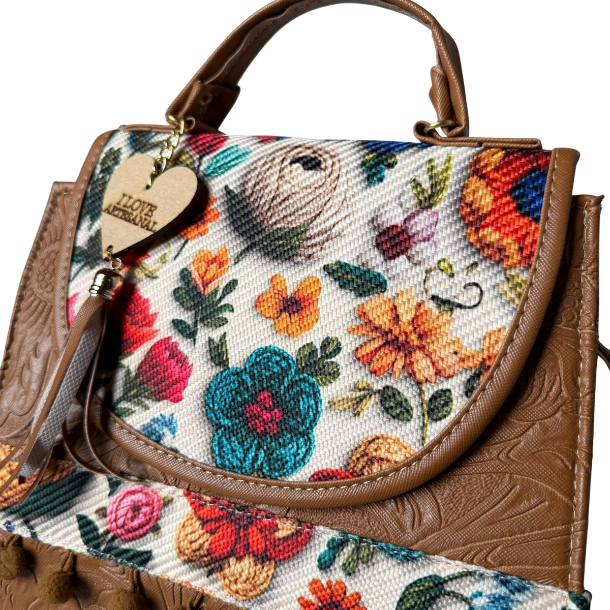 Bolsa Artesanal Café Bordado Floral | Bolso 3 en 1 Mochila y Crossbody