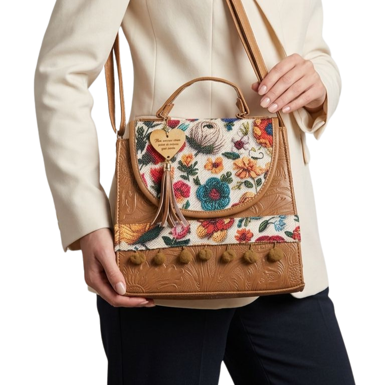 Bolsa Artesanal Café Bordado Floral | Bolso 3 en 1 Mochila y Crossbody