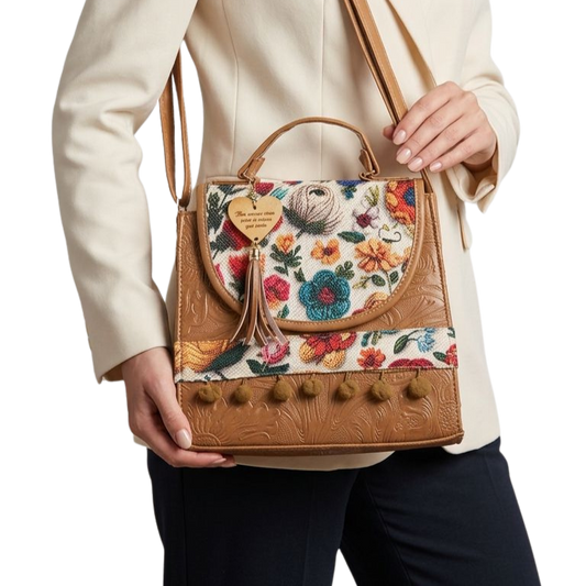 Bolsa Artesanal Café Bordado Floral | Bolso 3 en 1 Mochila y Crossbody