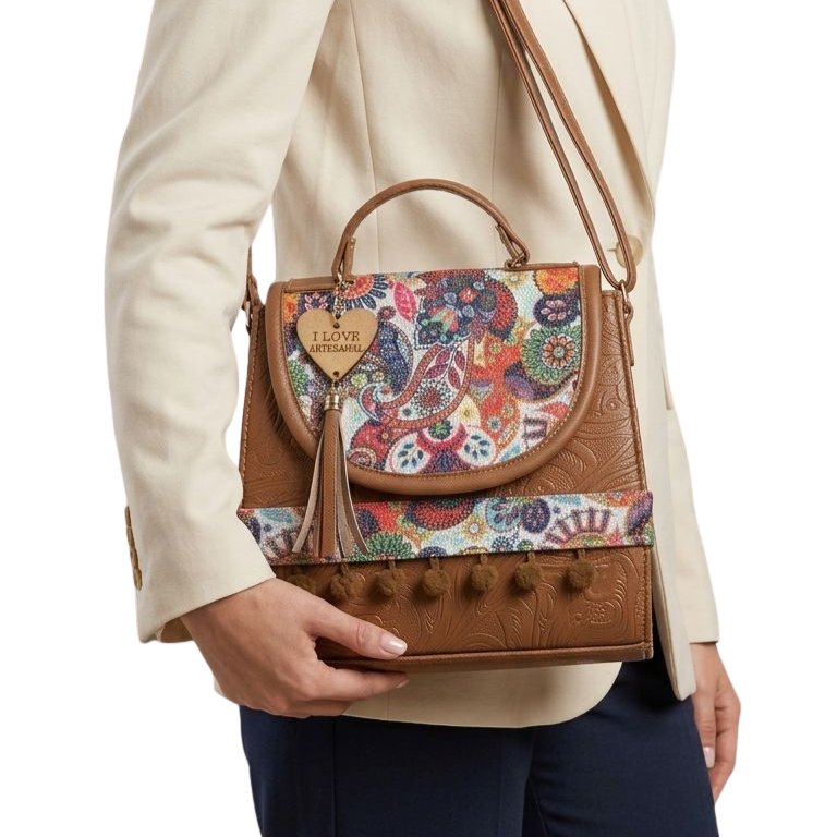 Bolsa Artesanal Café Paisley Multicolor | Bolso 3 en 1 Mochila y Crossbody