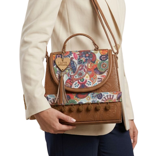 Bolsa Artesanal Café Paisley Multicolor | Bolso 3 en 1 Mochila y Crossbody