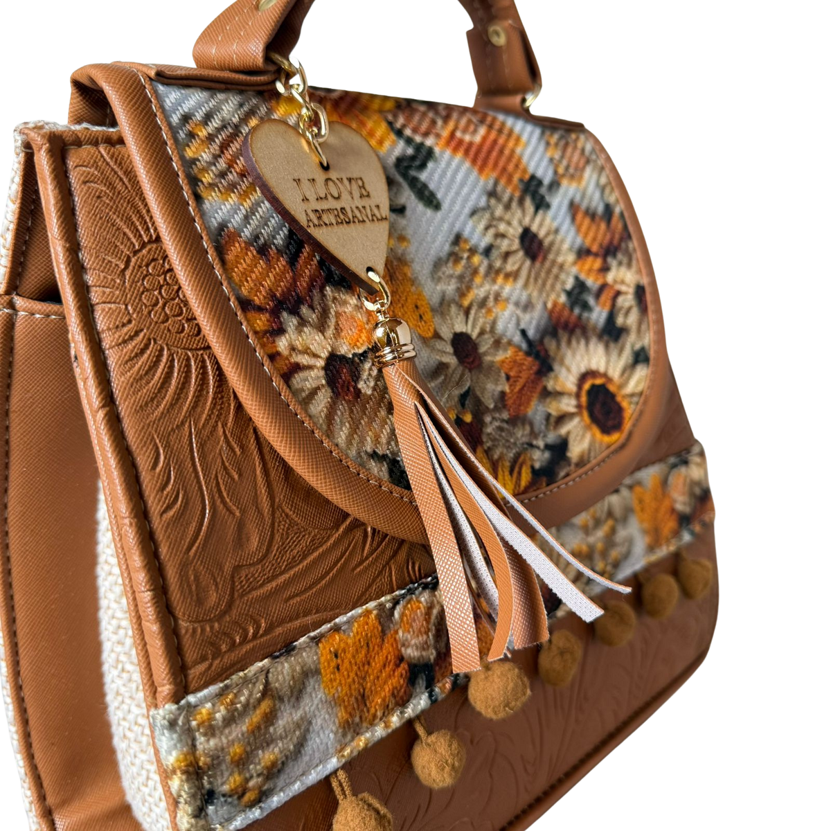 Bolsa Artesanal Camel Geométrico Floral | Bolso 3 en 1 Mochila y Crossbody