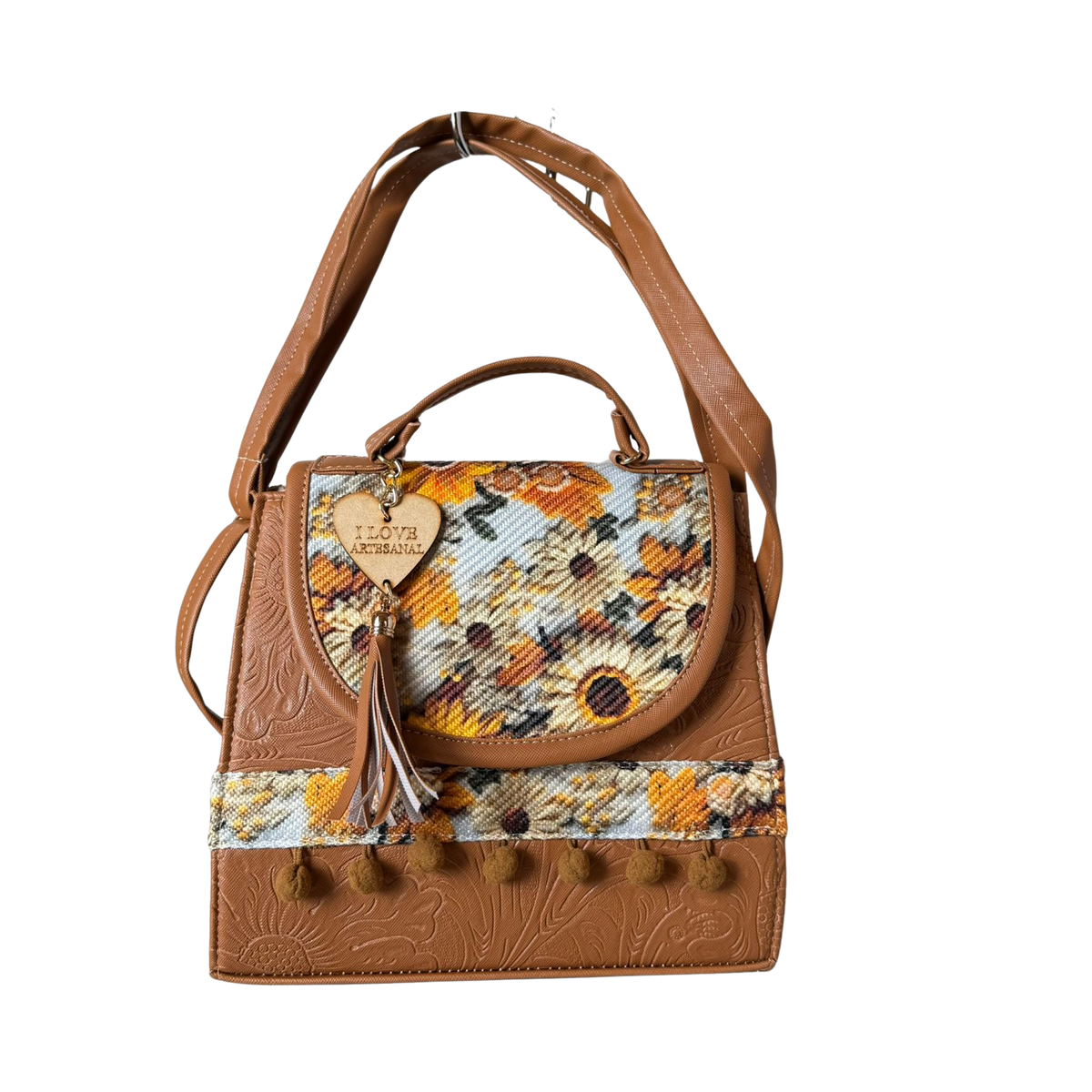Bolsa Artesanal Camel Geométrico Floral | Bolso 3 en 1 Mochila y Crossbody