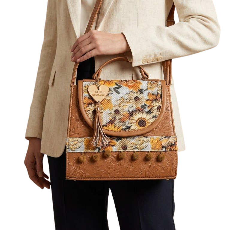 Bolsa Artesanal Camel Geométrico Floral | Bolso 3 en 1 Mochila y Crossbody
