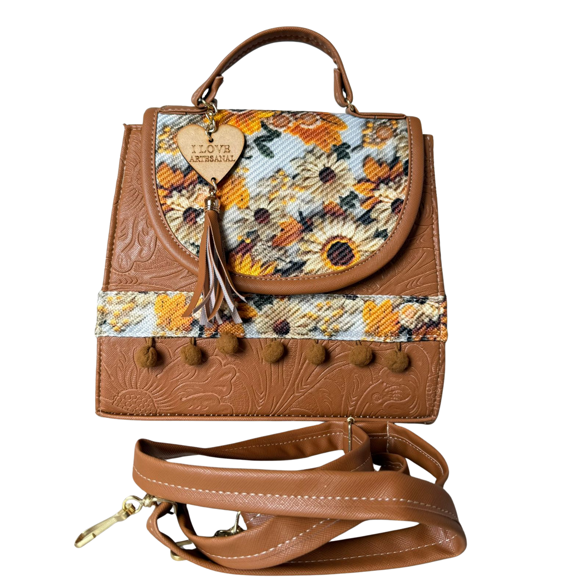 Bolsa Artesanal Camel Geométrico Floral | Bolso 3 en 1 Mochila y Crossbody