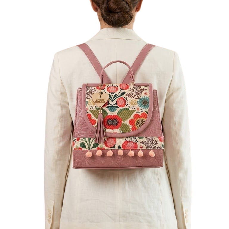 Bolsa Artesanal Rosa Mauve Floral Vintage | Bolso 3 en 1 Mochila y Crossbody
