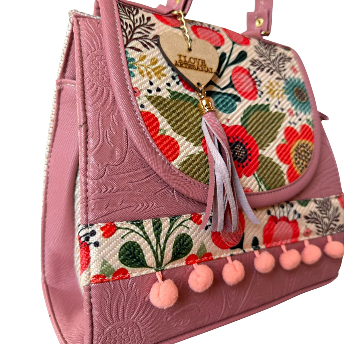 Bolsa Artesanal Rosa Mauve Floral Vintage | Bolso 3 en 1 Mochila y Crossbody