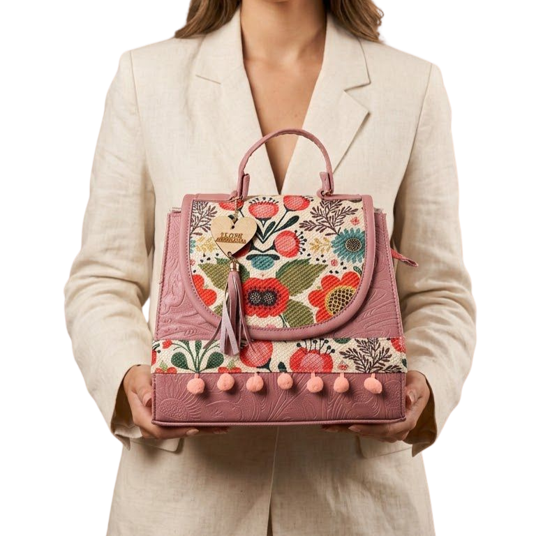 Bolsa Artesanal Rosa Mauve Floral Vintage | Bolso 3 en 1 Mochila y Crossbody