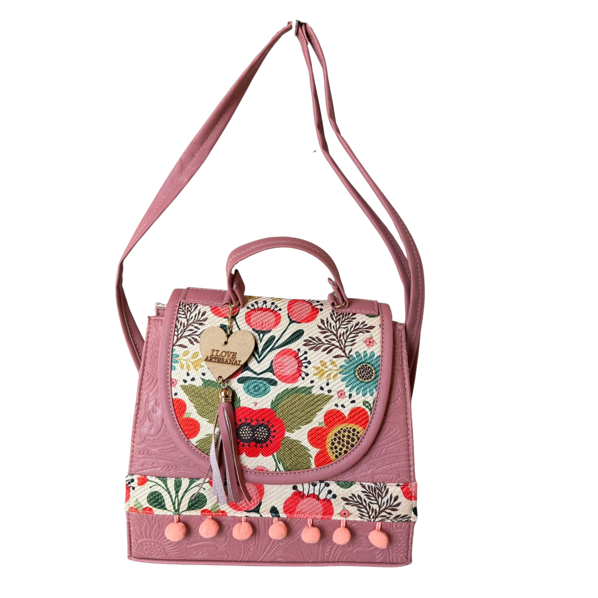 Bolsa Artesanal Rosa Mauve Floral Vintage | Bolso 3 en 1 Mochila y Crossbody