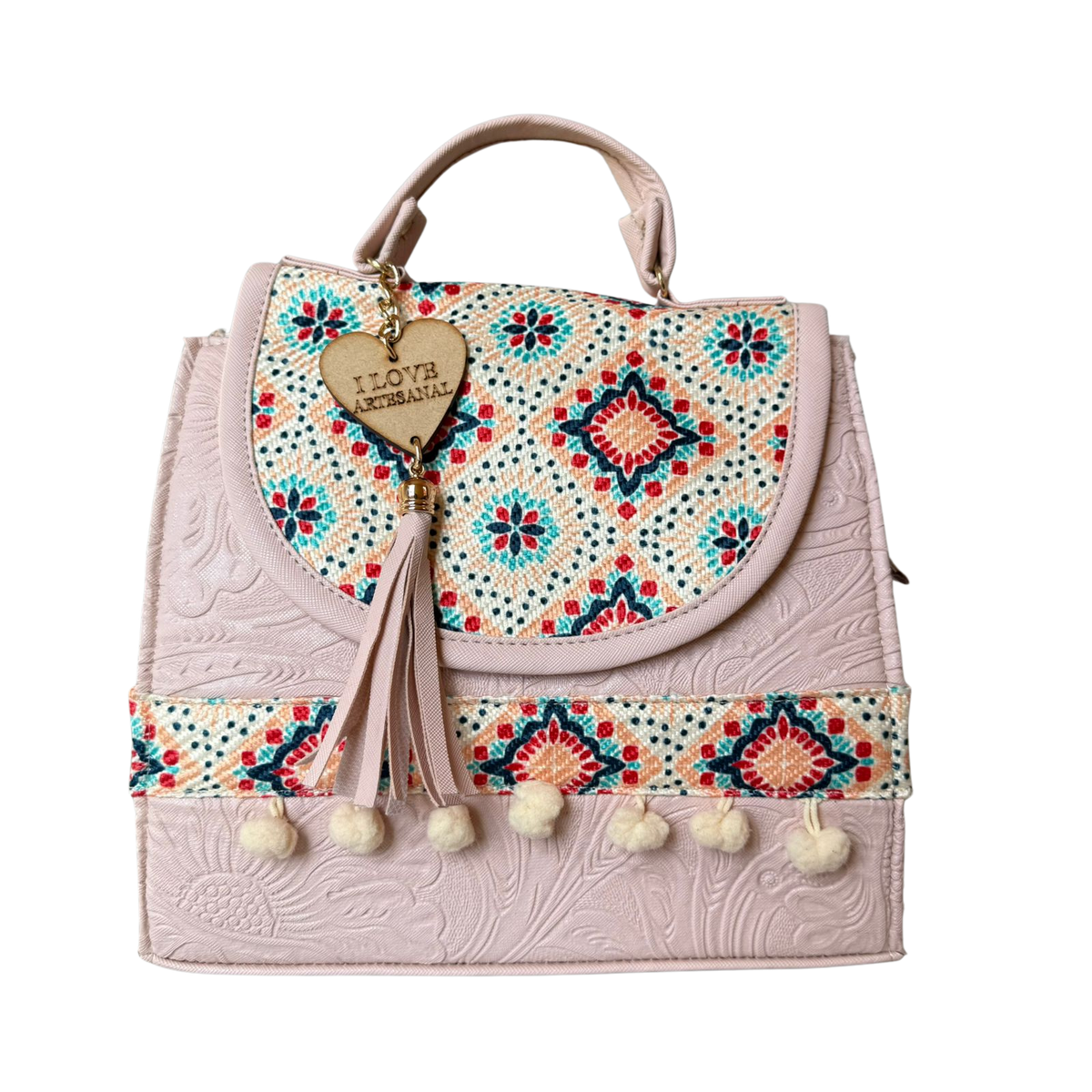 Bolsa Artesanal Rosa Mosaico Floral | Bolso 3 en 1 Mochila y Crossbody