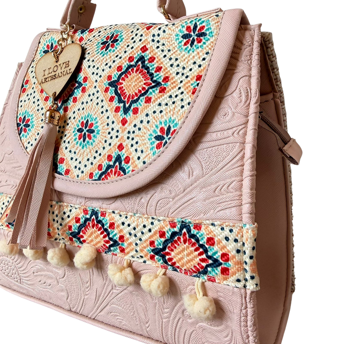 Bolsa Artesanal Rosa Mosaico Floral | Bolso 3 en 1 Mochila y Crossbody
