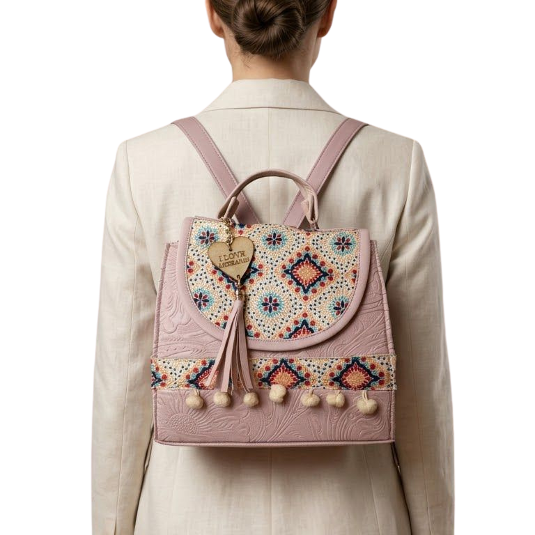 Bolsa Artesanal Rosa Mosaico Floral | Bolso 3 en 1 Mochila y Crossbody