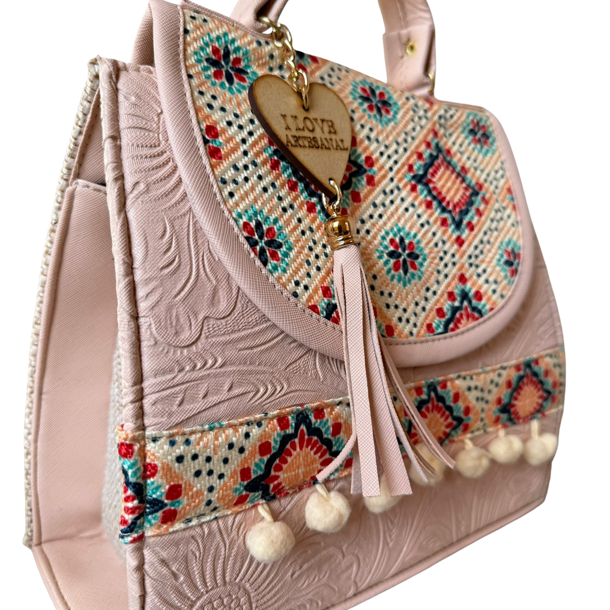 Bolsa Artesanal Rosa Mosaico Floral | Bolso 3 en 1 Mochila y Crossbody
